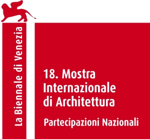 A red winged lion appears in the upper left with the words “La Biennale di Venezia” written inside a red box underneath. To the right are the words “18. Mostra Internationale di Architettura, Partecipazioni Nazionali”.