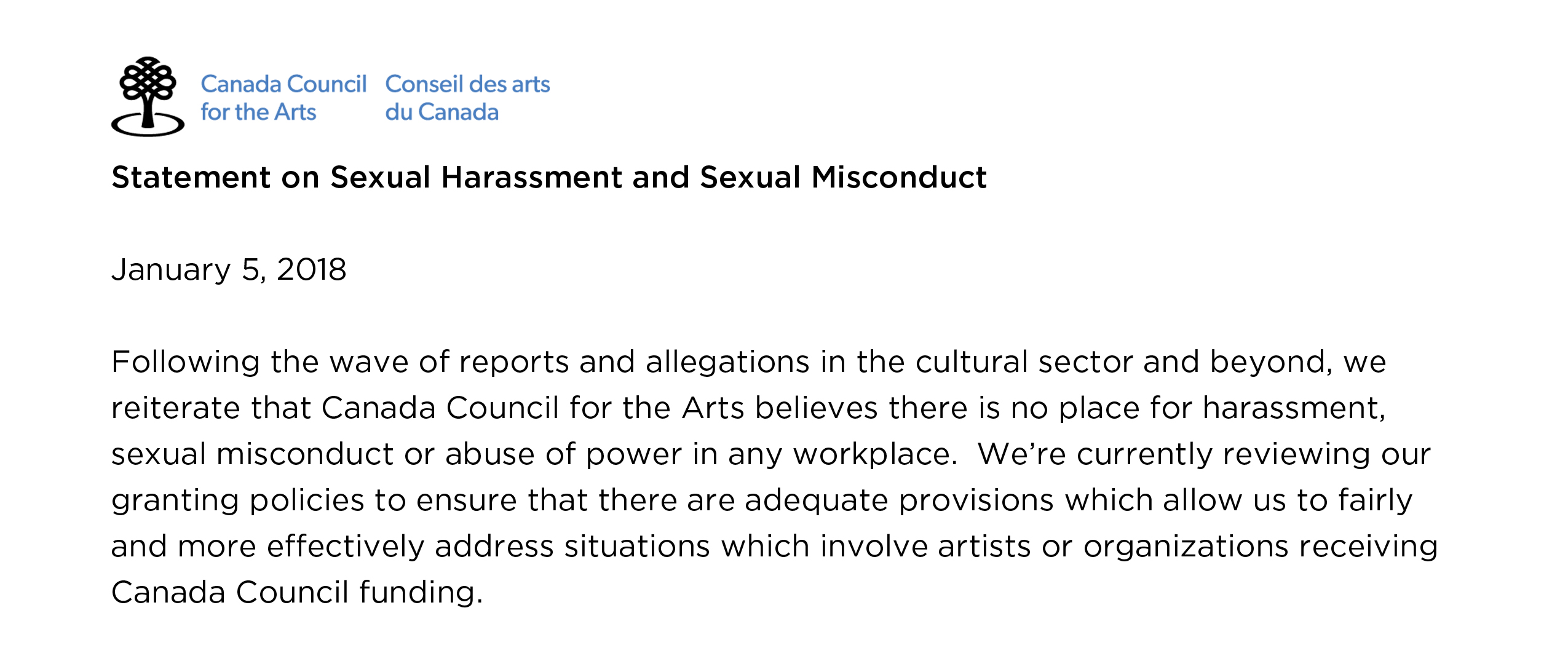 Statement On Sexual Harassment And Sexual Misconduct Canada Council For The Arts 3206